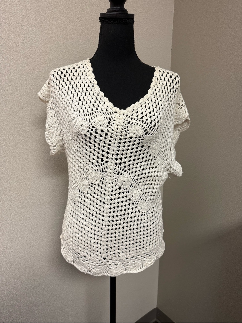 EnVogue Cream Crochet Knit Boho V-Neck Cottagecore Festival Sweater Large - Picture 3 of 9